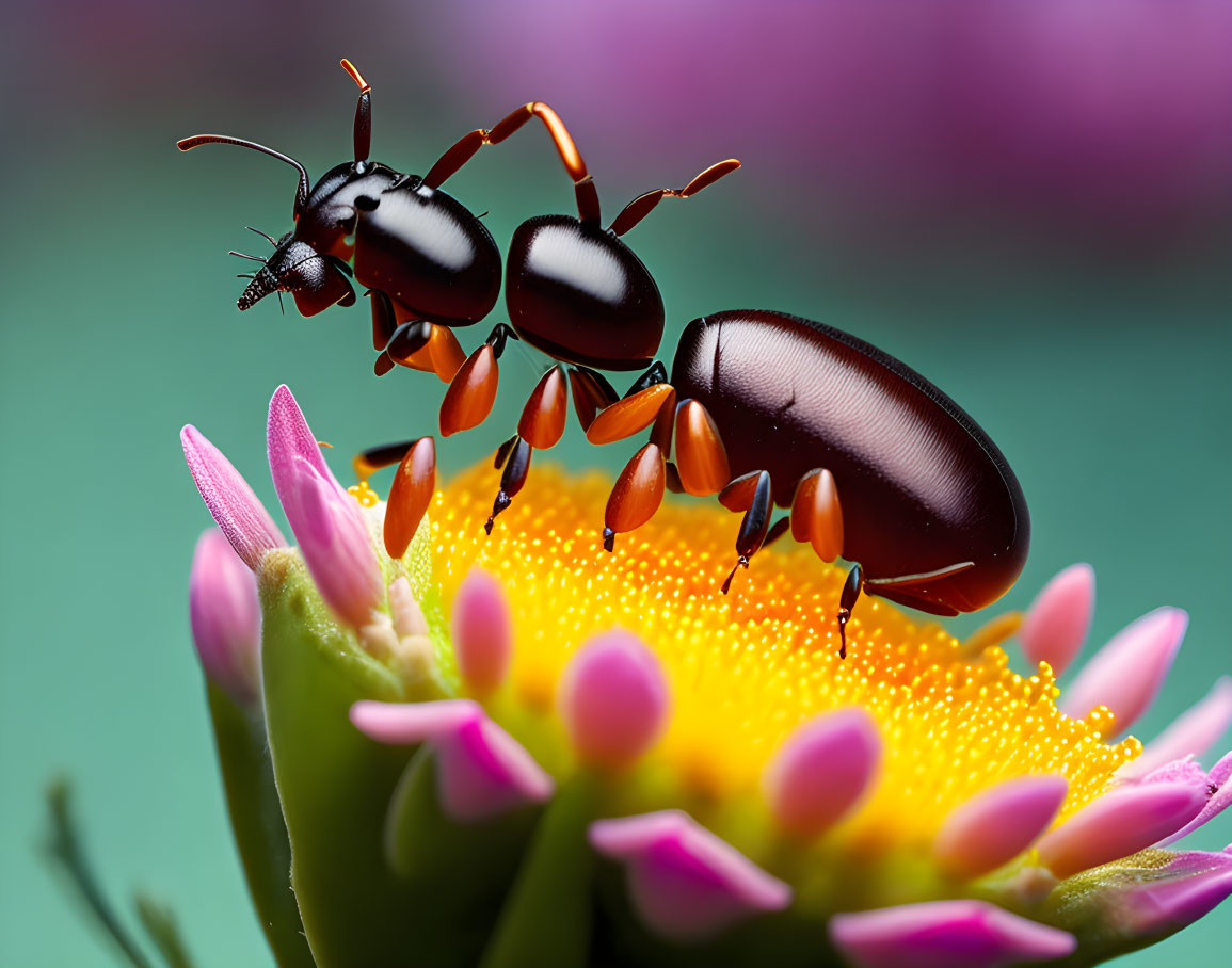 Macro shot: Glossy black ant with orange legs on vibrant yellow and pink flower