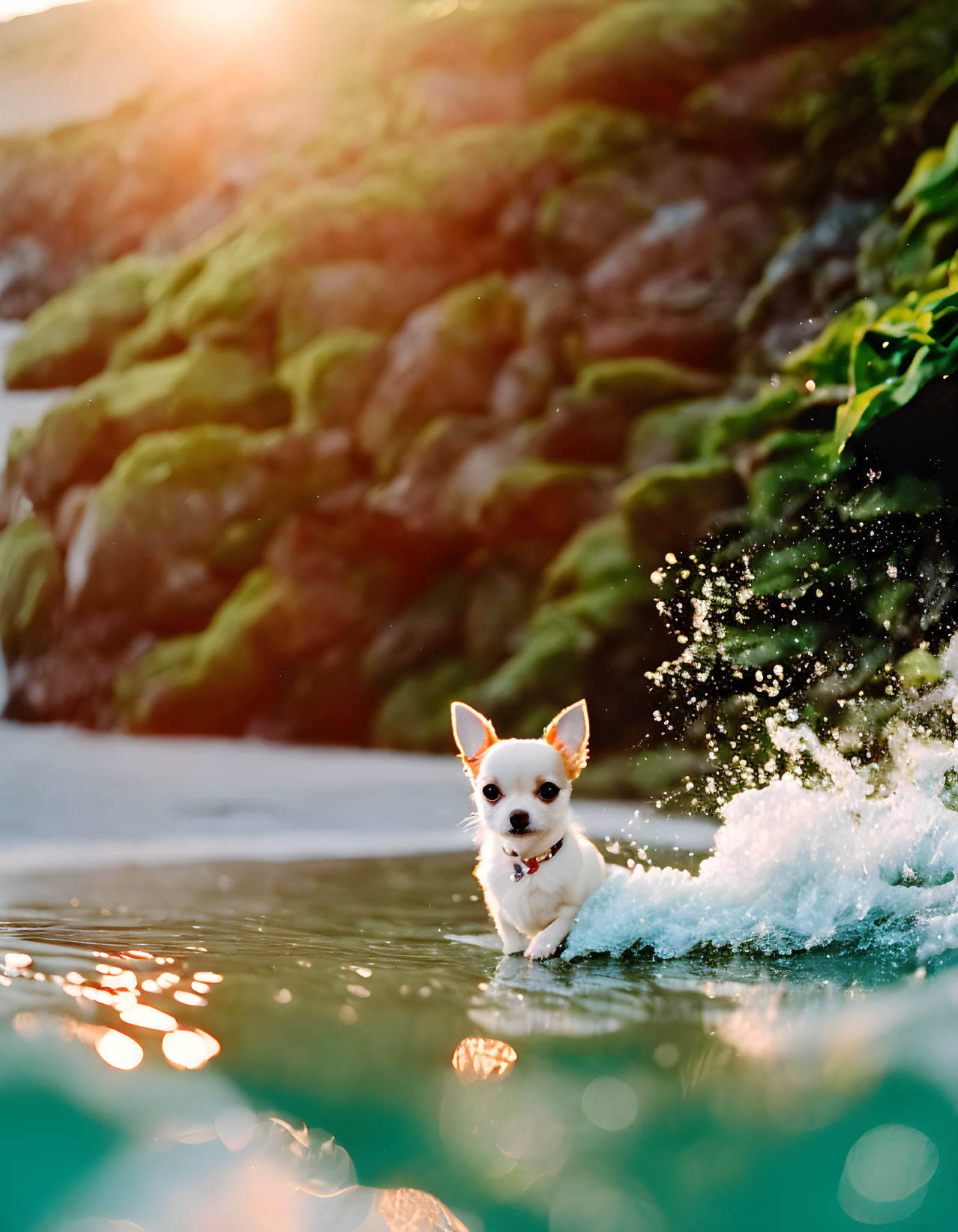 Small Dog Wading in Water at Sunset with Splashes and Green Foliage