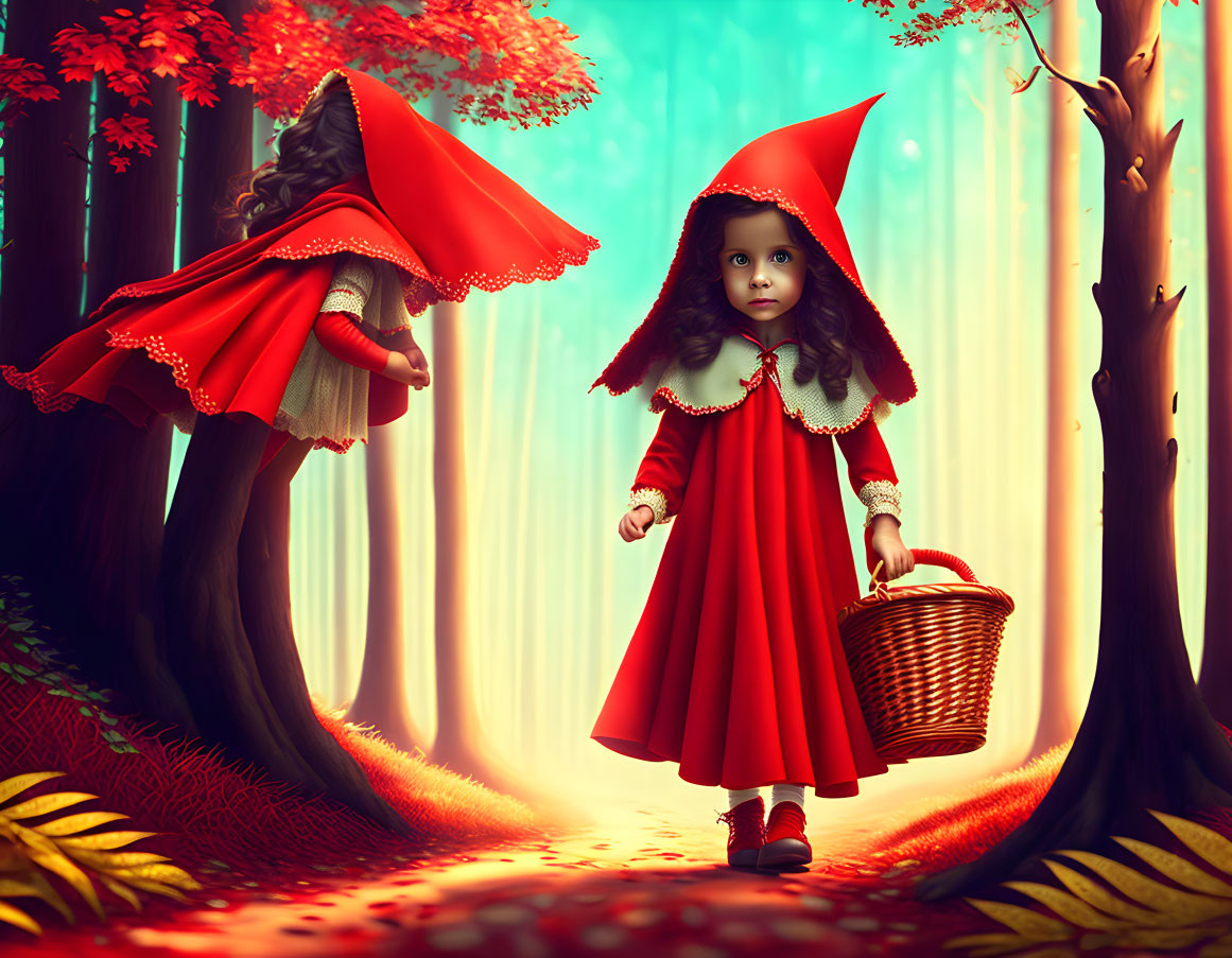 Young girl in Red Riding Hood costume in serene autumn forest