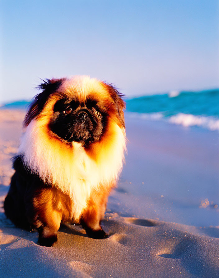 Fluffy Pekingese Dog on Sandy Beach at Sunset