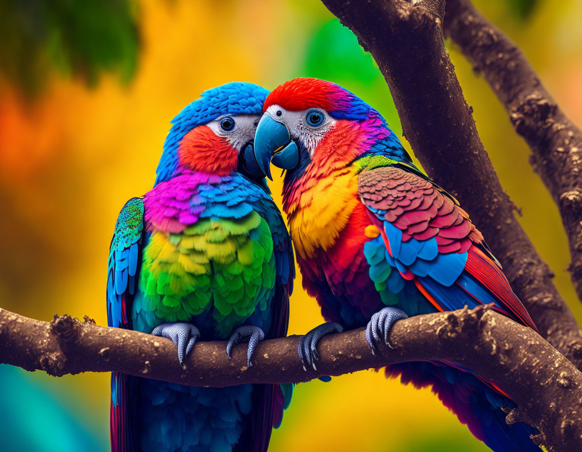 Colorful Parrots Cuddling on Branch in Vibrant Autumn Setting