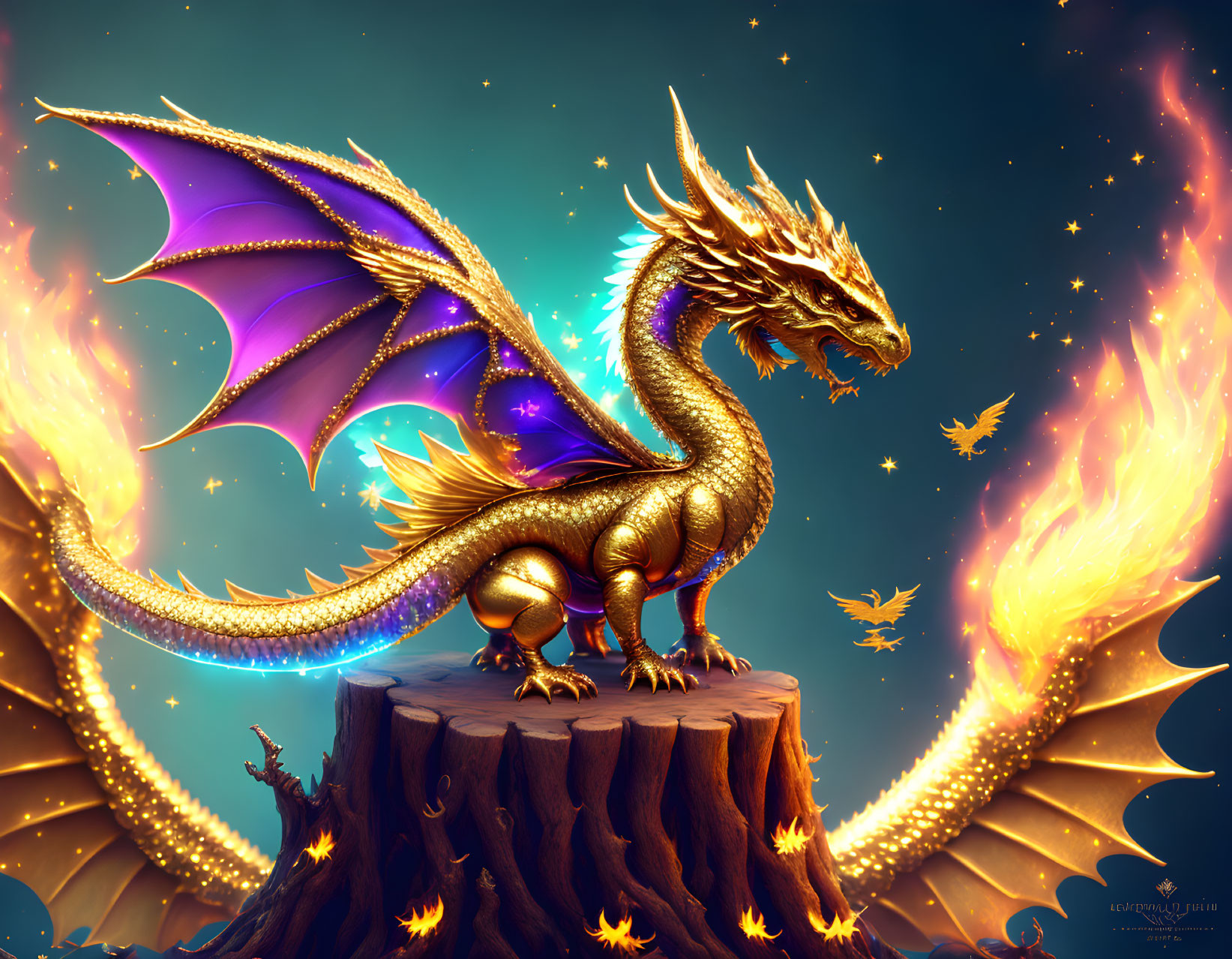 Golden dragon with purple wings on tree stump amid flames & glowing creatures