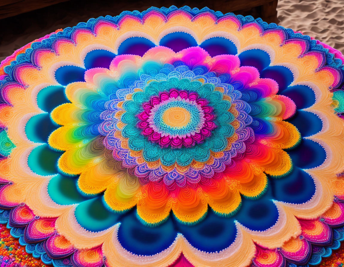 Colorful Sand Mandala: Intricate Patterns, Yellow to Blue Gradient