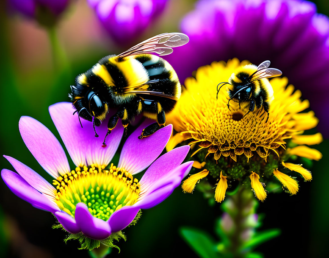 Bees on Bright Purple and Yellow Flowers with Blurred Green Background