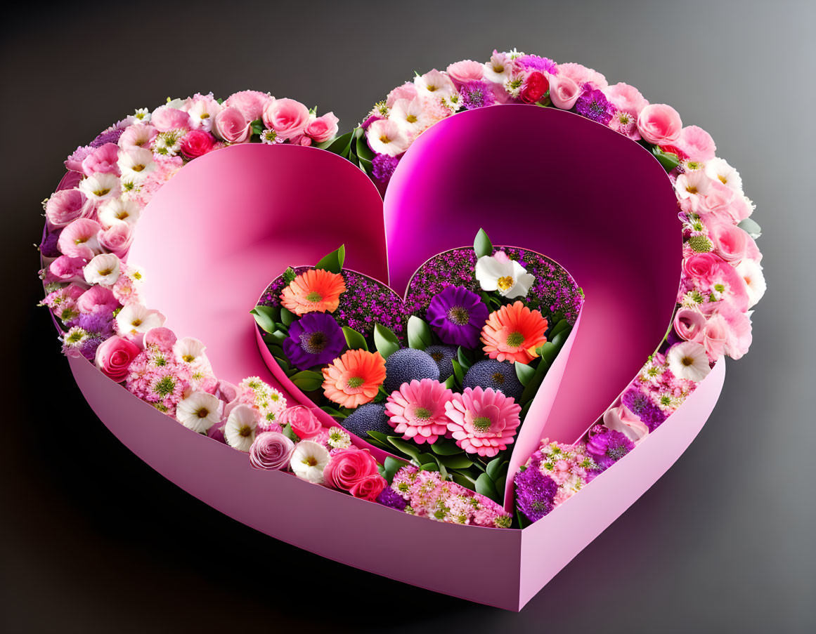 Heart-shaped floral arrangement with pink, white, and purple blooms on dark backdrop