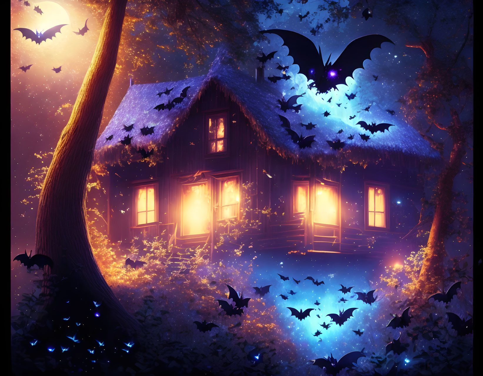 Thatched cottage at night with bats and glowing lights