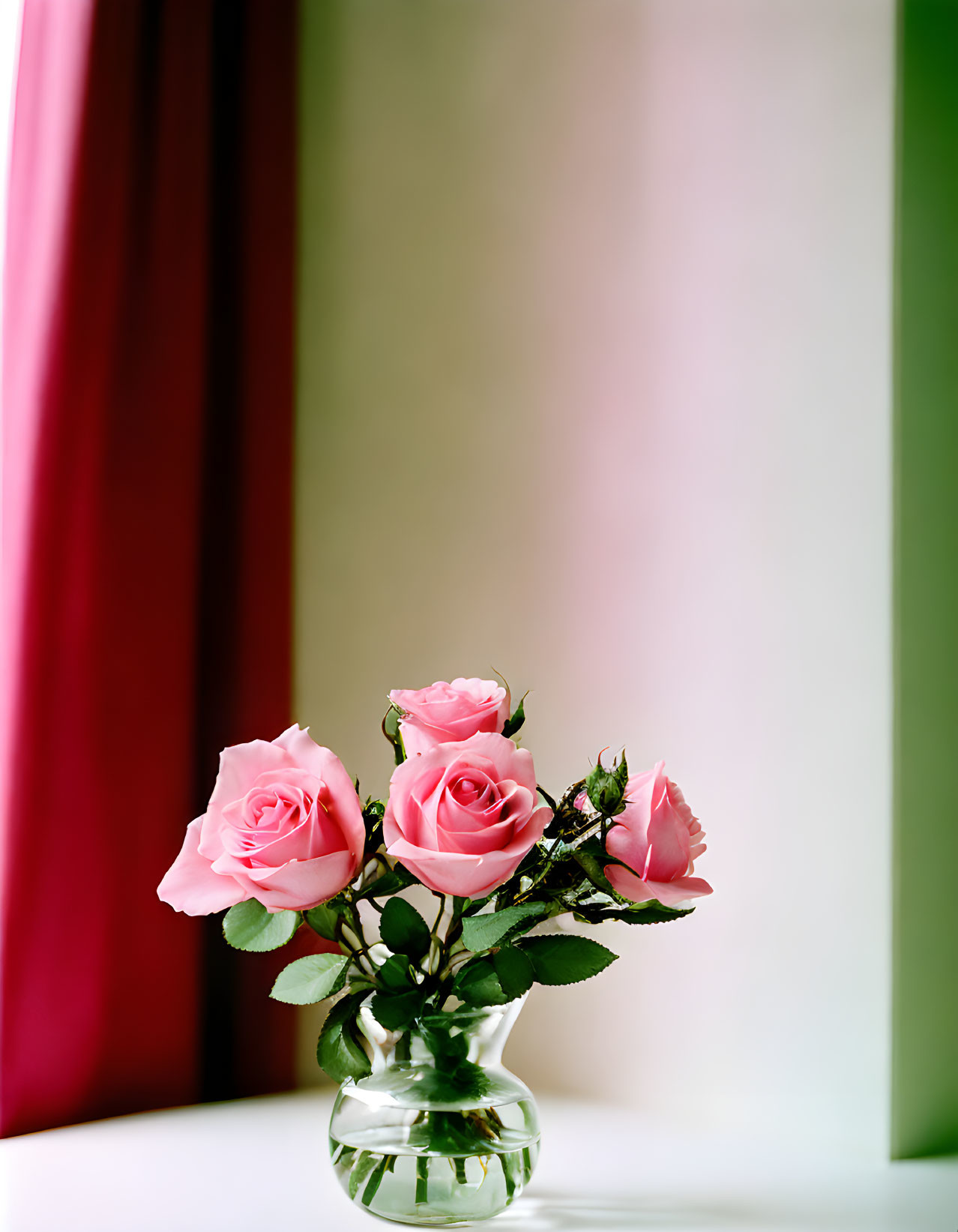 Glass Vase with Pink Roses on Table with Red Curtain and White Wall