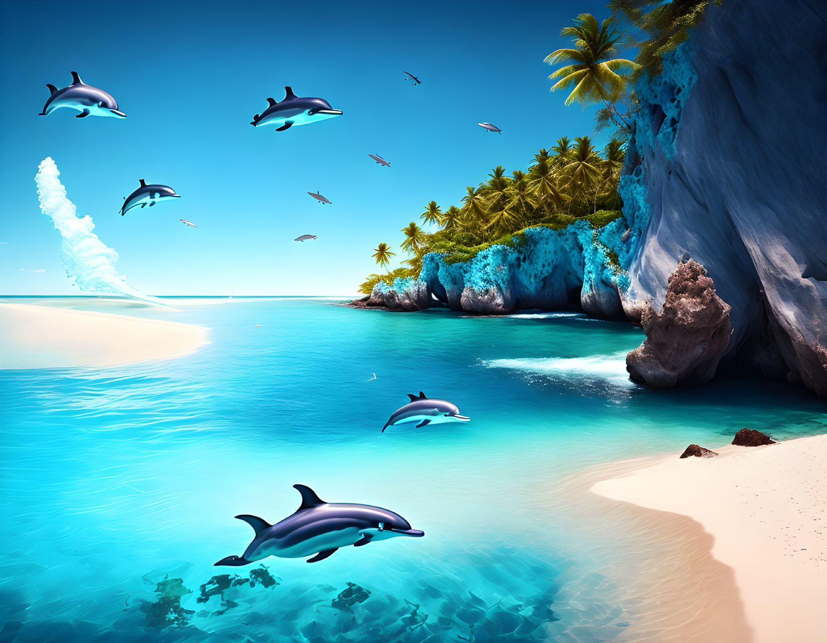 Tropical beach scene with dolphins, palm trees, and birds