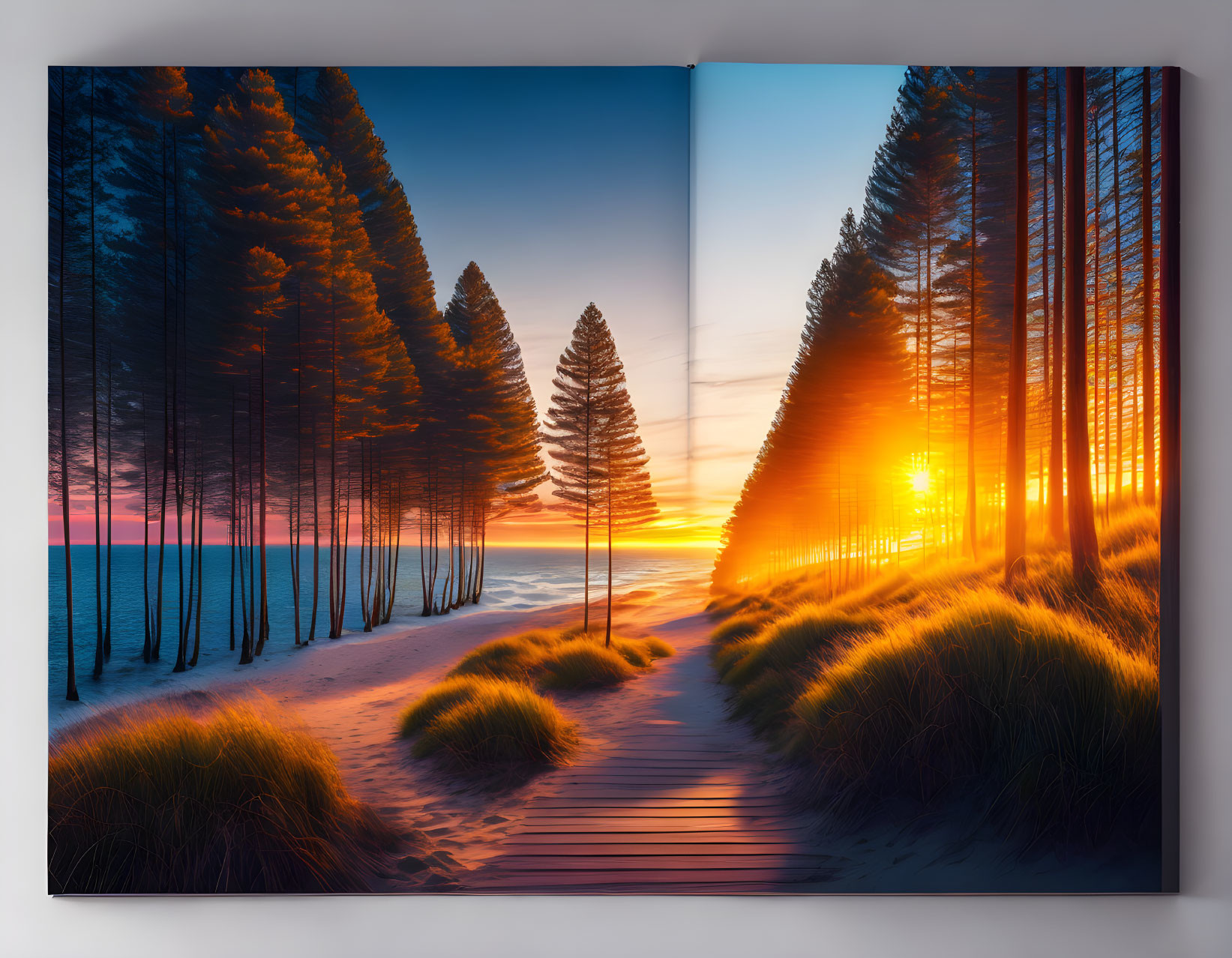 Tranquil sunset beach scene with tall pine trees and warm sunlight