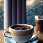 Steaming cup of coffee with froth art next to glass on wooden surface