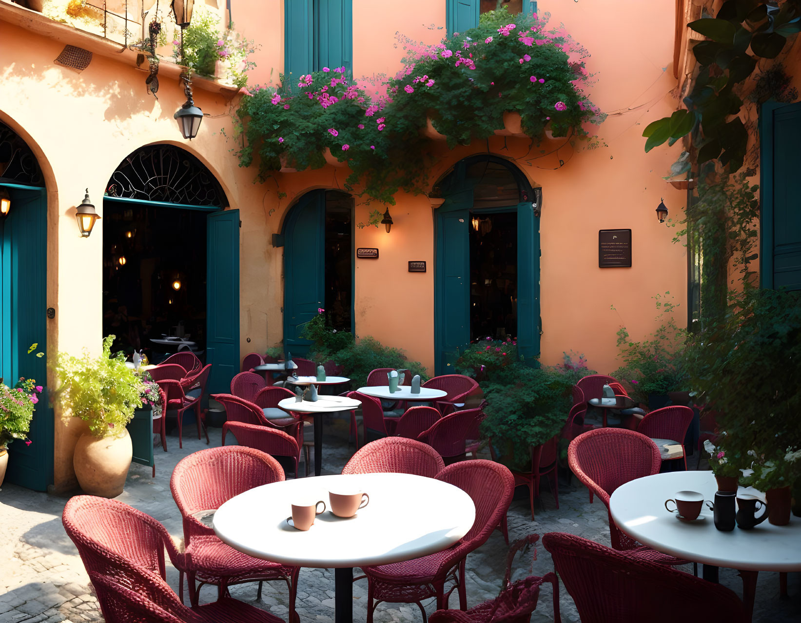 Cozy outdoor café with red chairs, round tables, and flowering plants