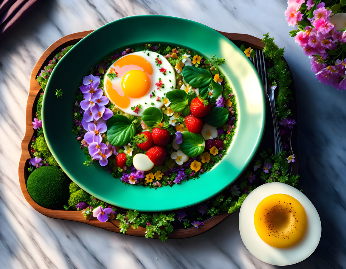 Vibrant dish with sunny-side-up egg, strawberries, herbs, avocado, and flowers on wooden