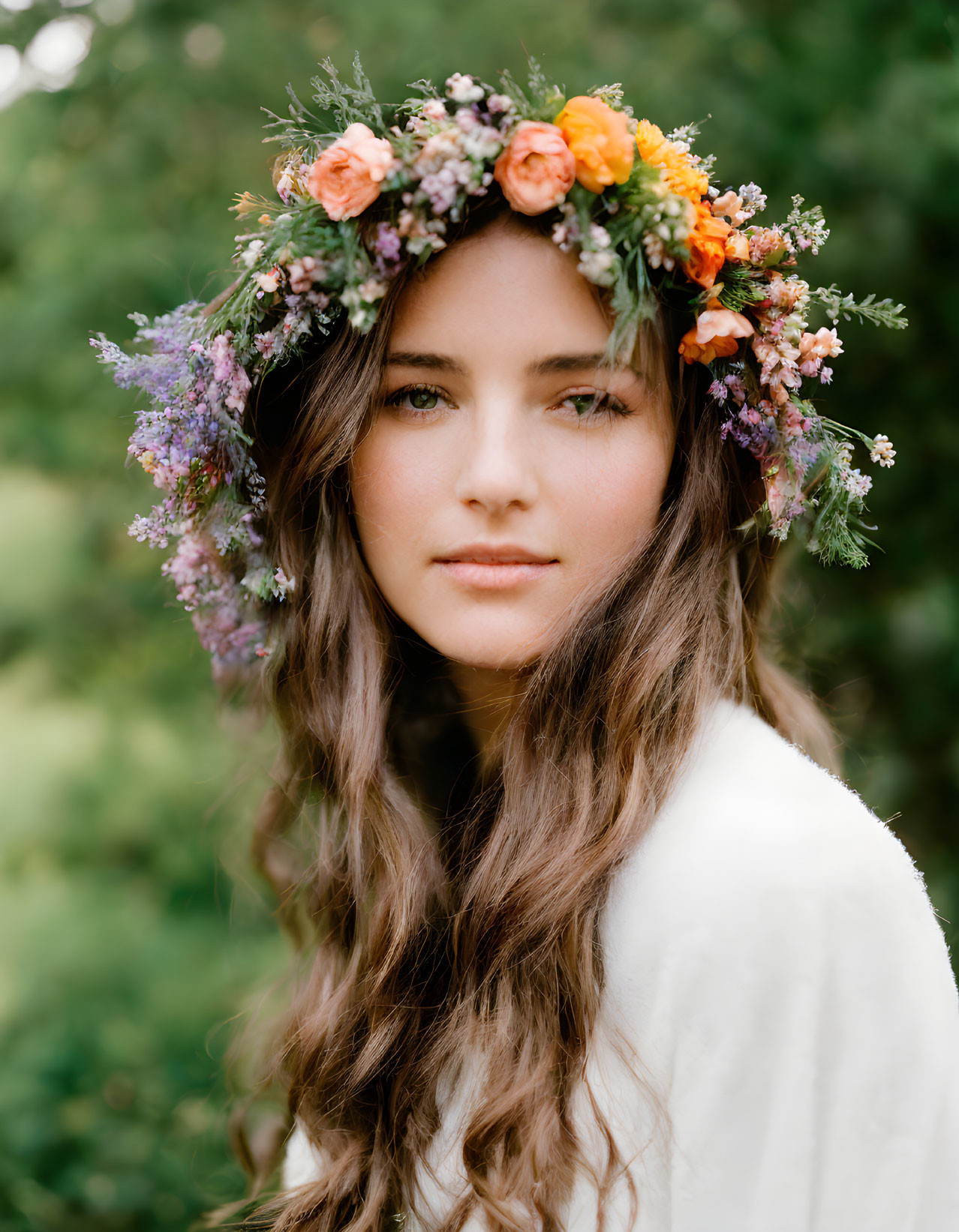 Woman with Long Wavy Hair in Vibrant Floral Crown Outdoors