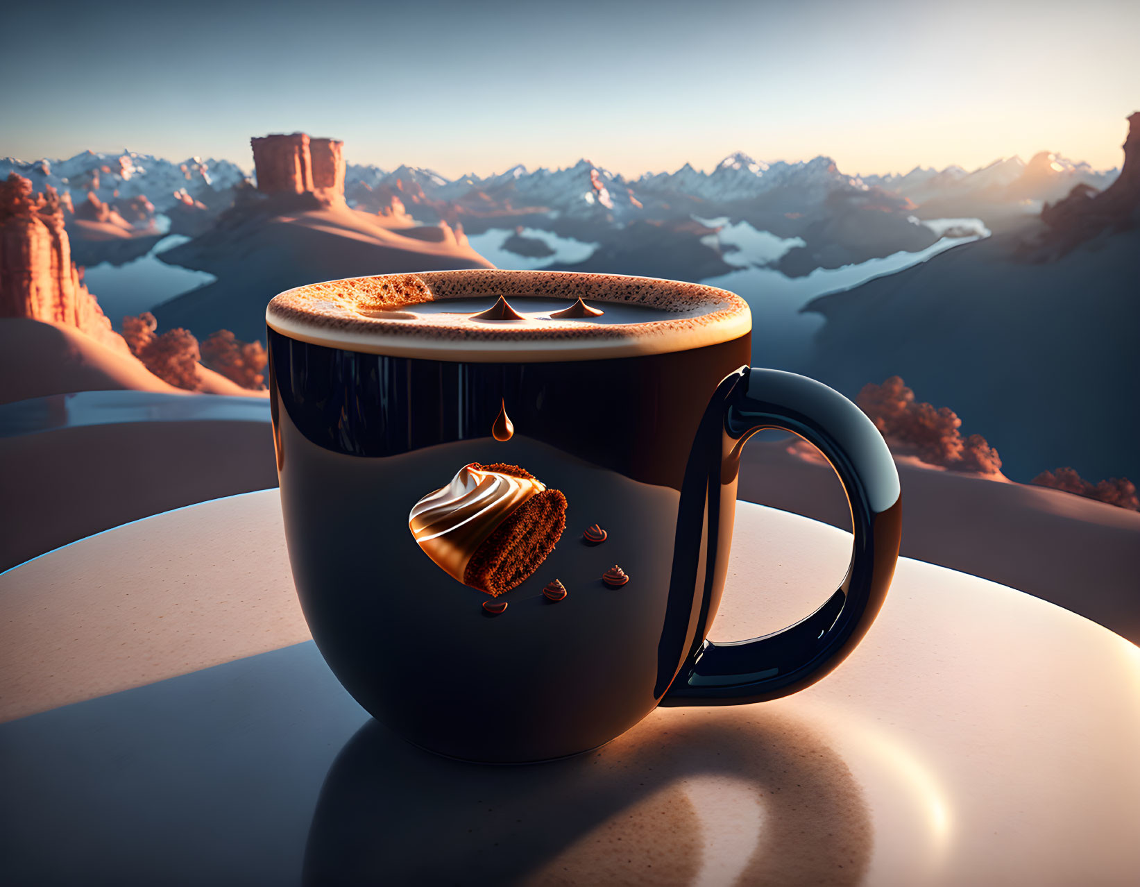 Steaming coffee cup on saucer against mountain sunrise backdrop