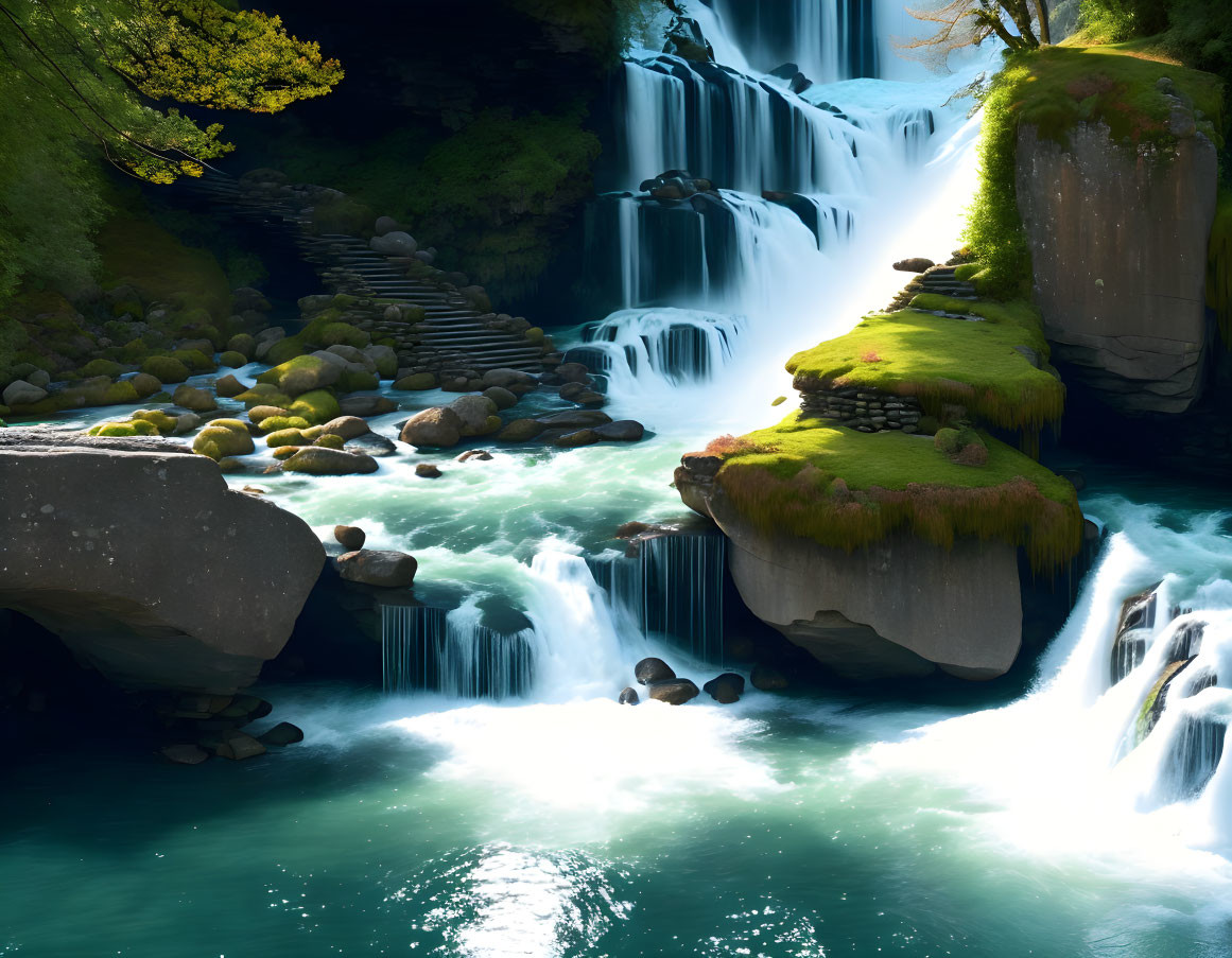 Sunlit cascade over mossy rocks into serene pool with cliffs and stone stairway.