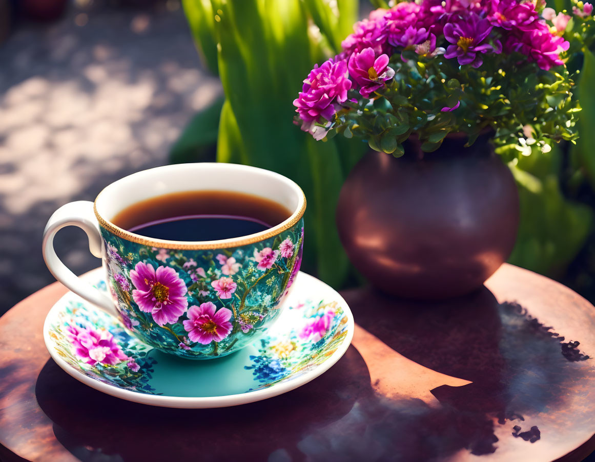 Floral-patterned teacup with steaming beverage next to pink flower pot on sunlit table