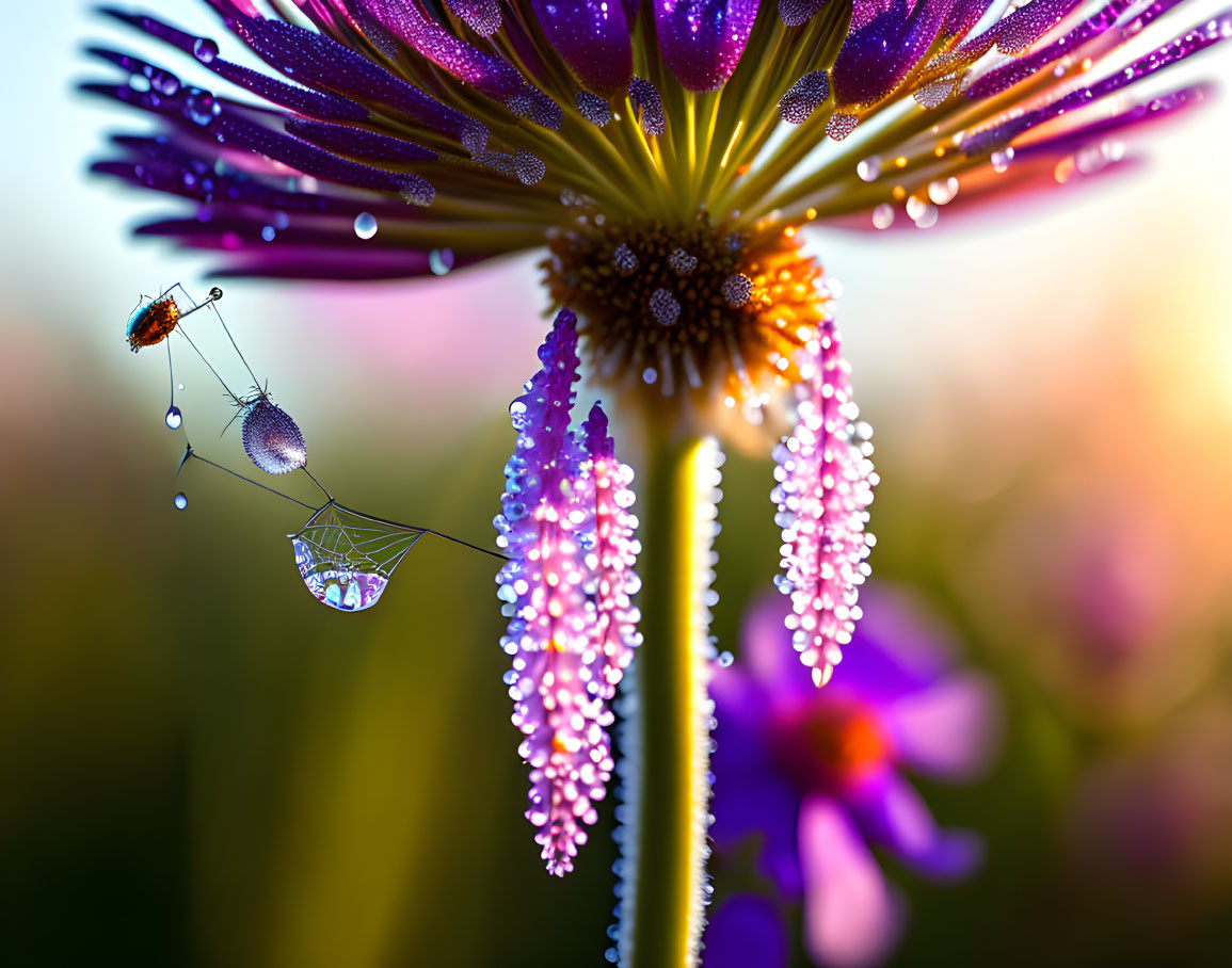 Purple flower with dew drops and insect on water droplet thread