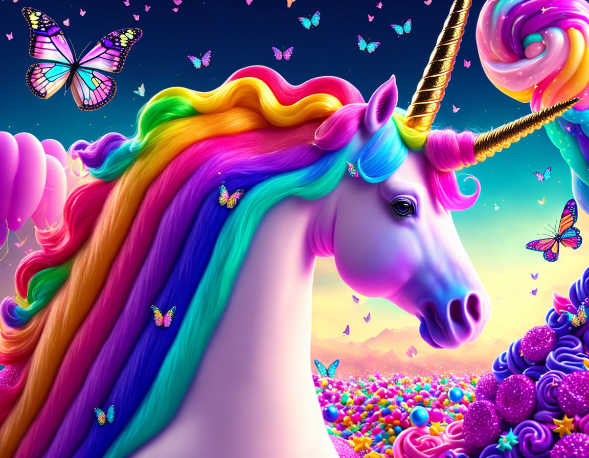 Vibrant Unicorn Illustration with Rainbow Mane and Golden Horn