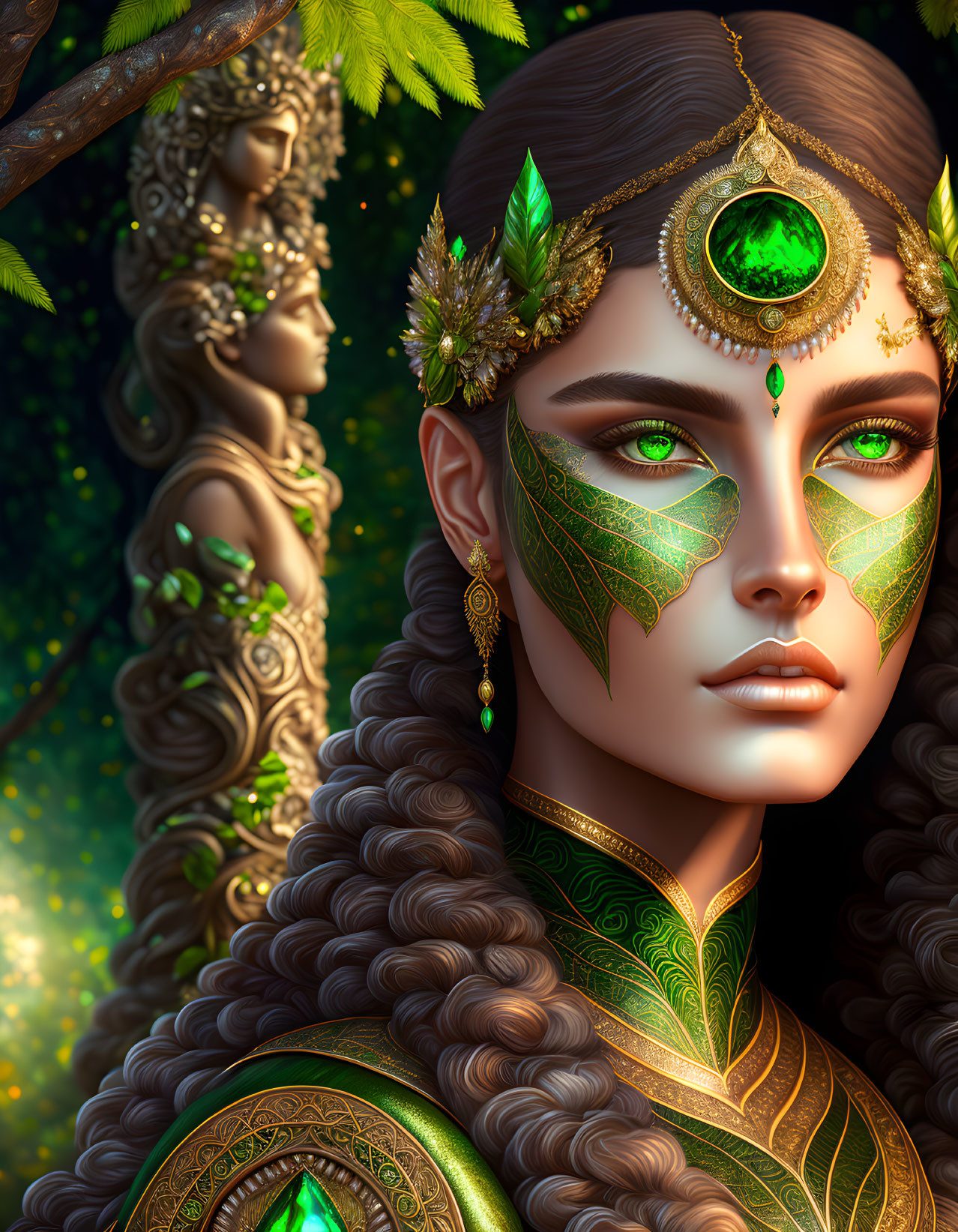 Detailed digital artwork of woman with green eyes, leaf motifs, golden headgear with gemstones in lush