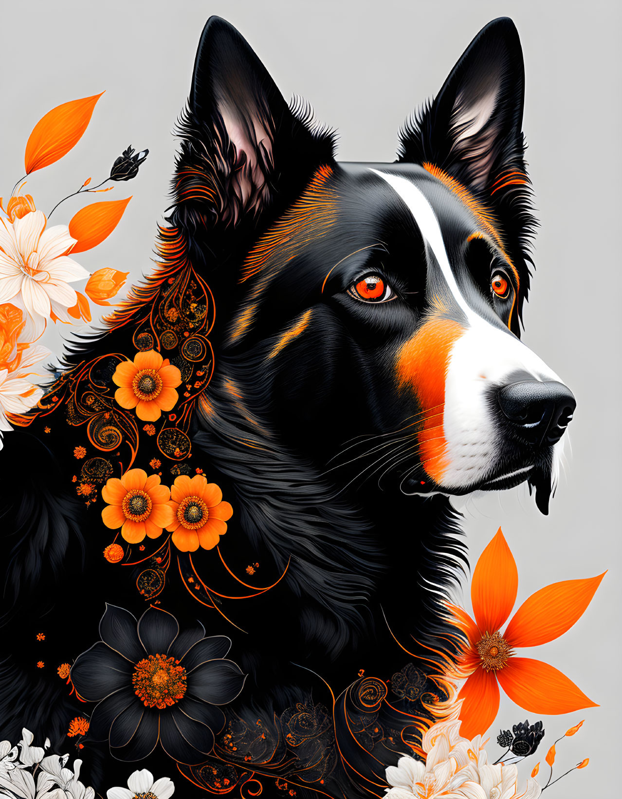 Stylized black dog with orange floral designs on grey background