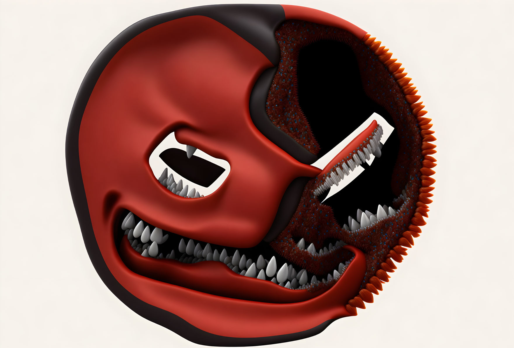 Stylized red and black mask with white teeth and angry eyes