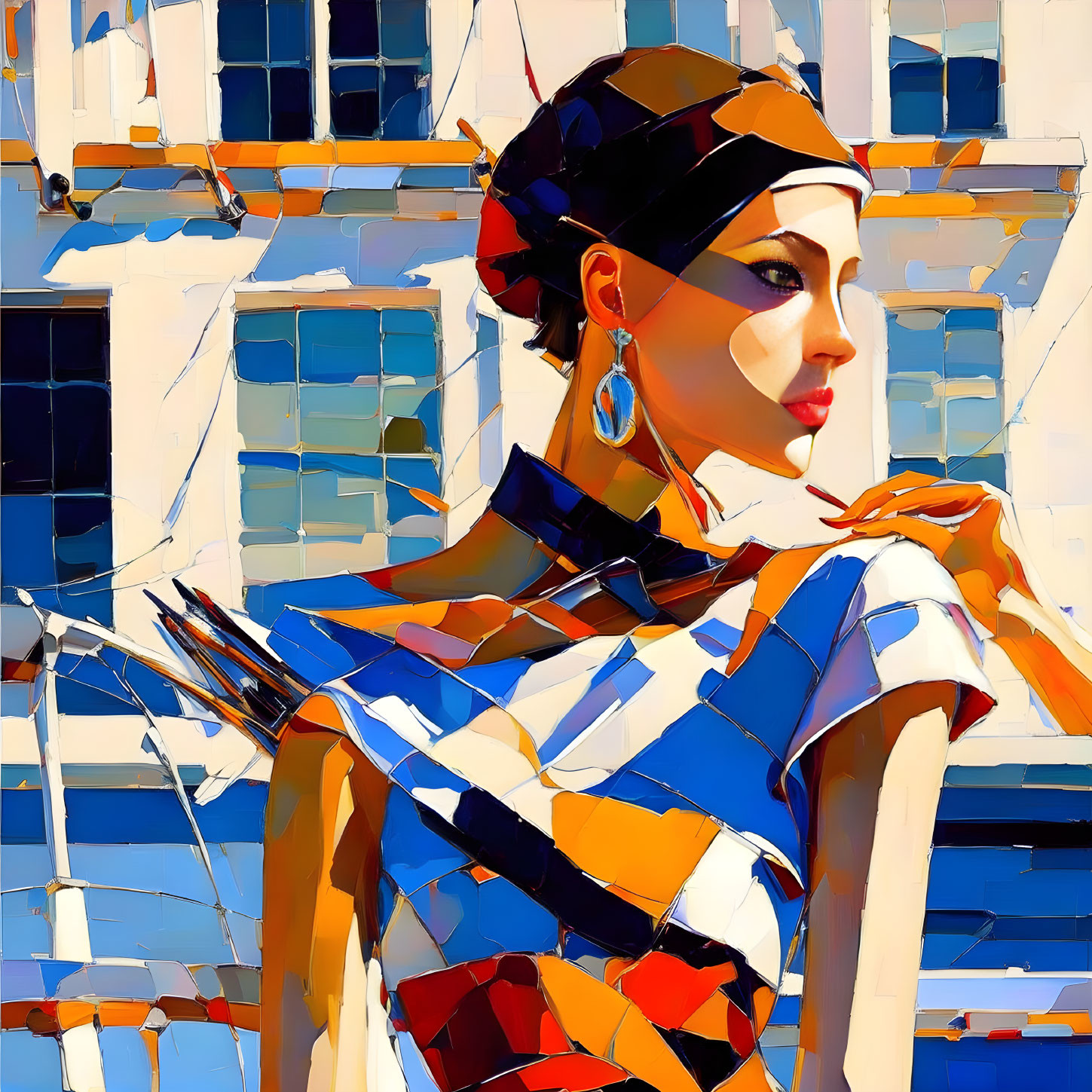 Vibrant cubist portrait of a woman in headscarf and geometric dress on blue-white backdrop