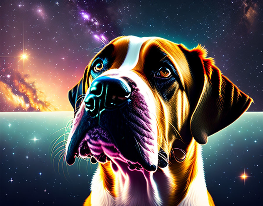 Colorful Dog Illustration on Cosmic Starry Background