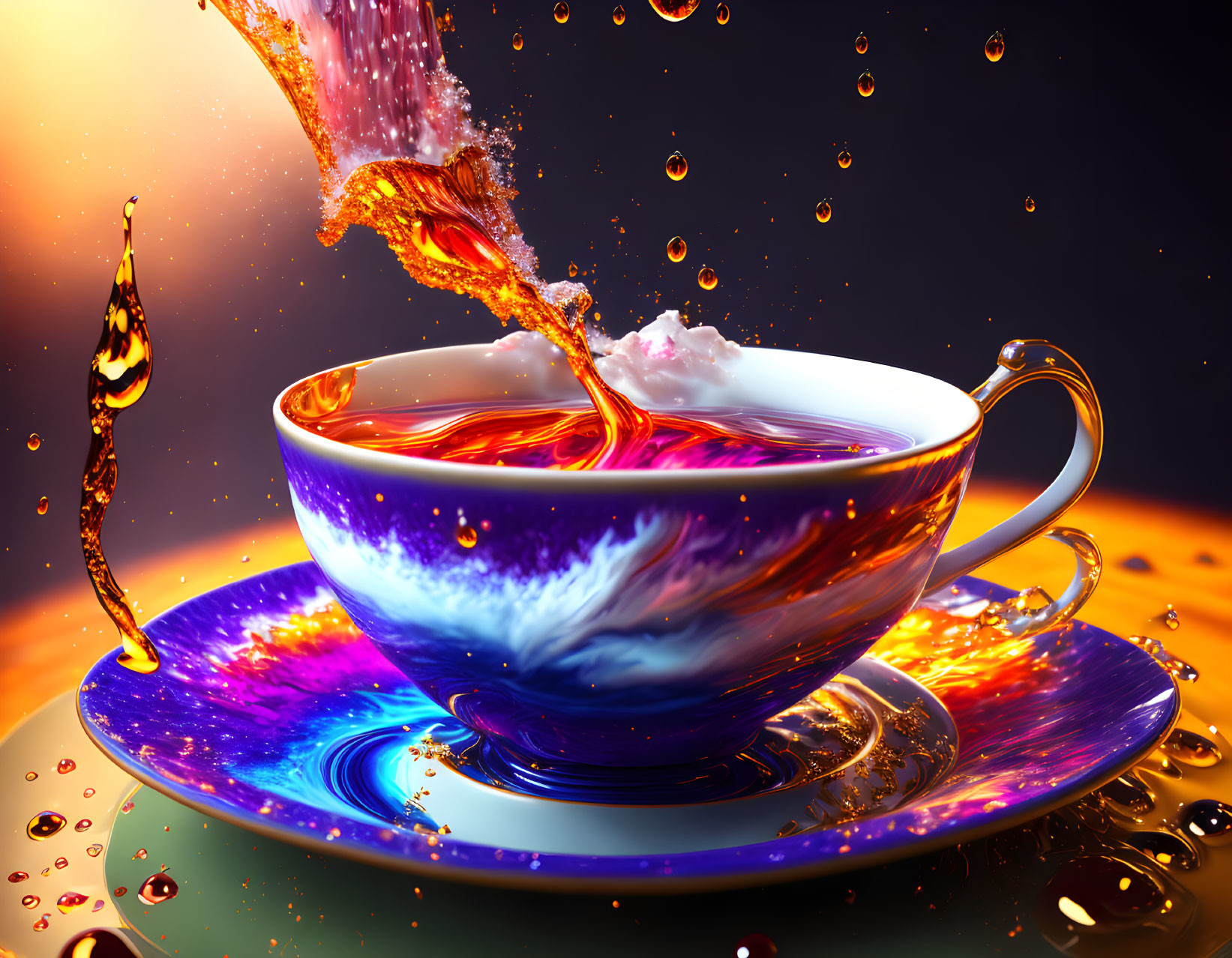 Colorful liquid splash in teacup against warm gradient background