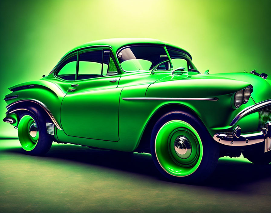 Classic Green Car with White-Wall Tires on Green Background