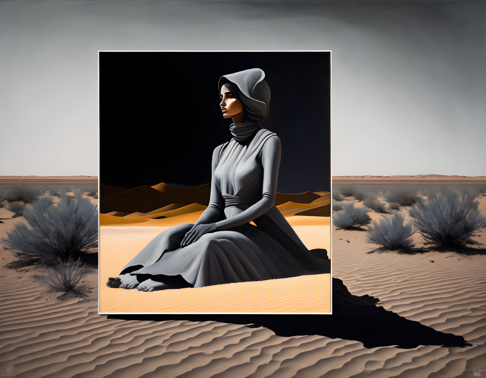 Solitary figure in gray dress and headscarf sitting on sand with desert dunes and shrubs