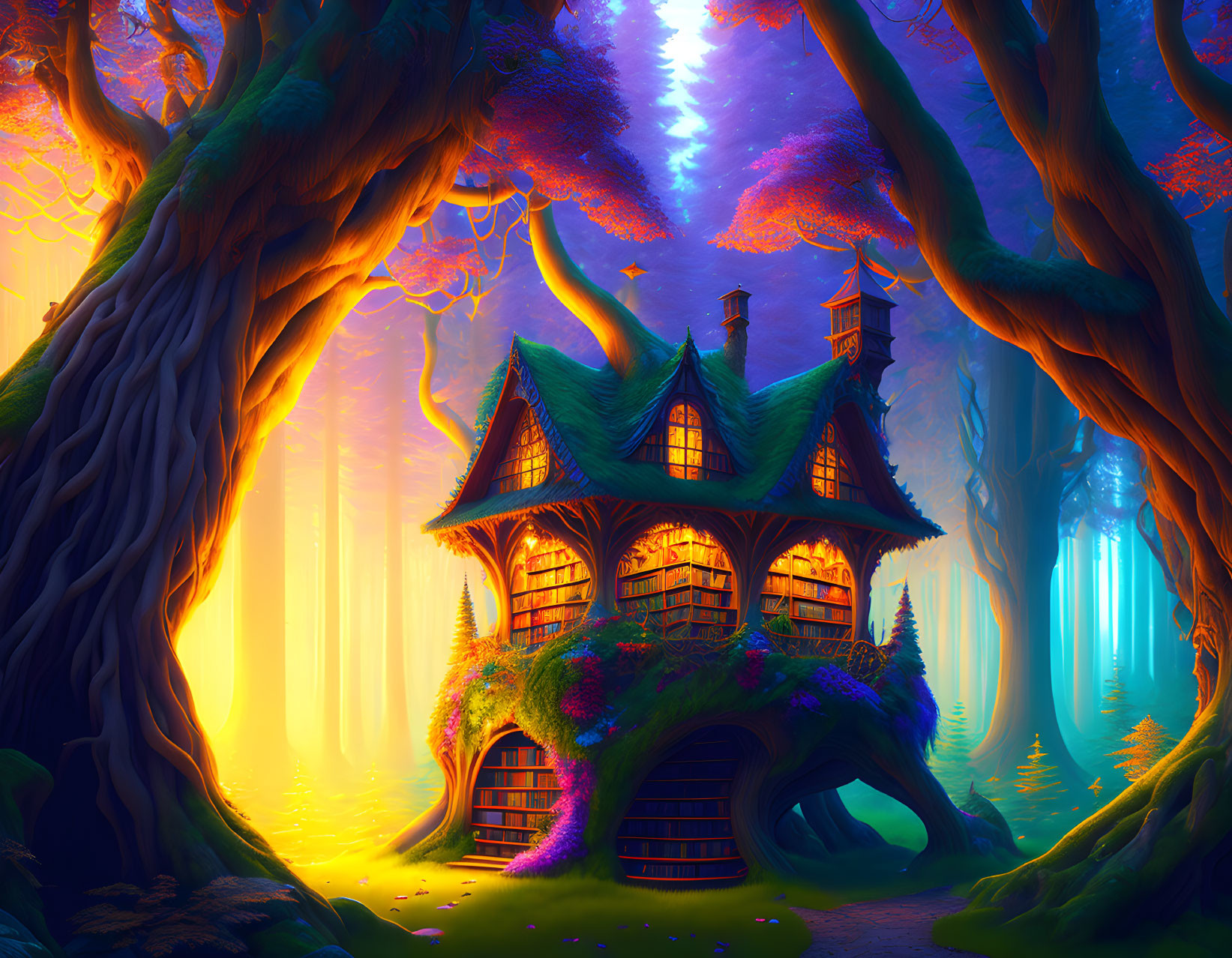 Enchanted forest scene: whimsical cottage with thatched roof