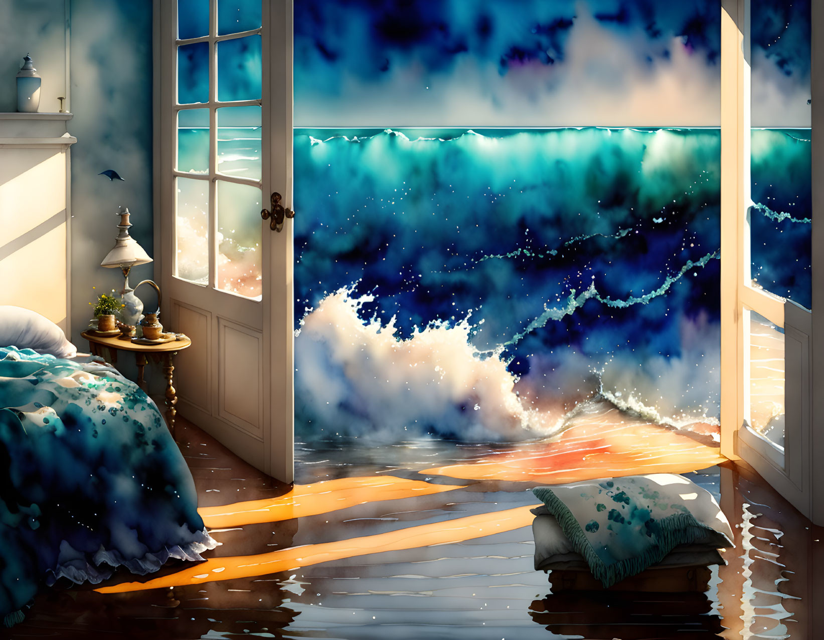 Bedroom with ocean waves crashing under door blends into starry night sky