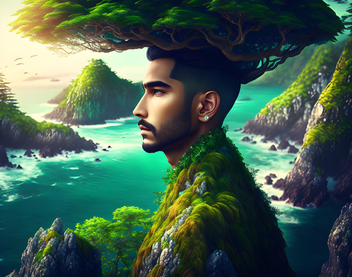 Bearded Man's Hair Transformed into Mountain Landscape overlooking Coastal Scene