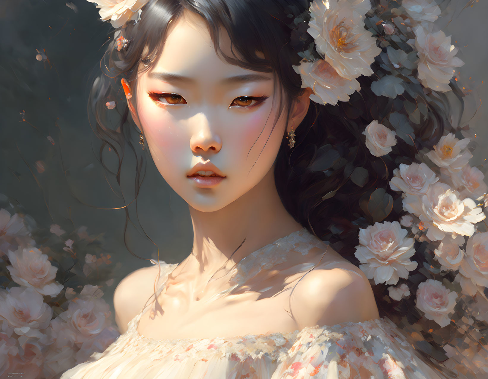 Illustrated portrait of woman with amber eyes and white flowers, emitting mystical aura