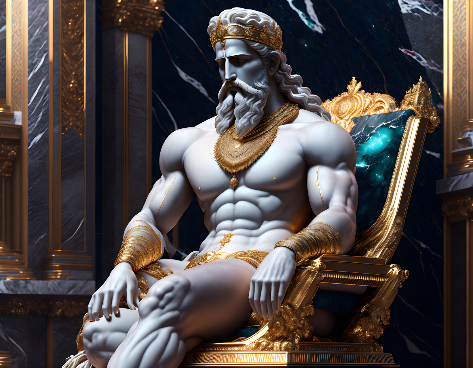 Muscular bearded figure resembling Zeus on golden throne in cosmic setting