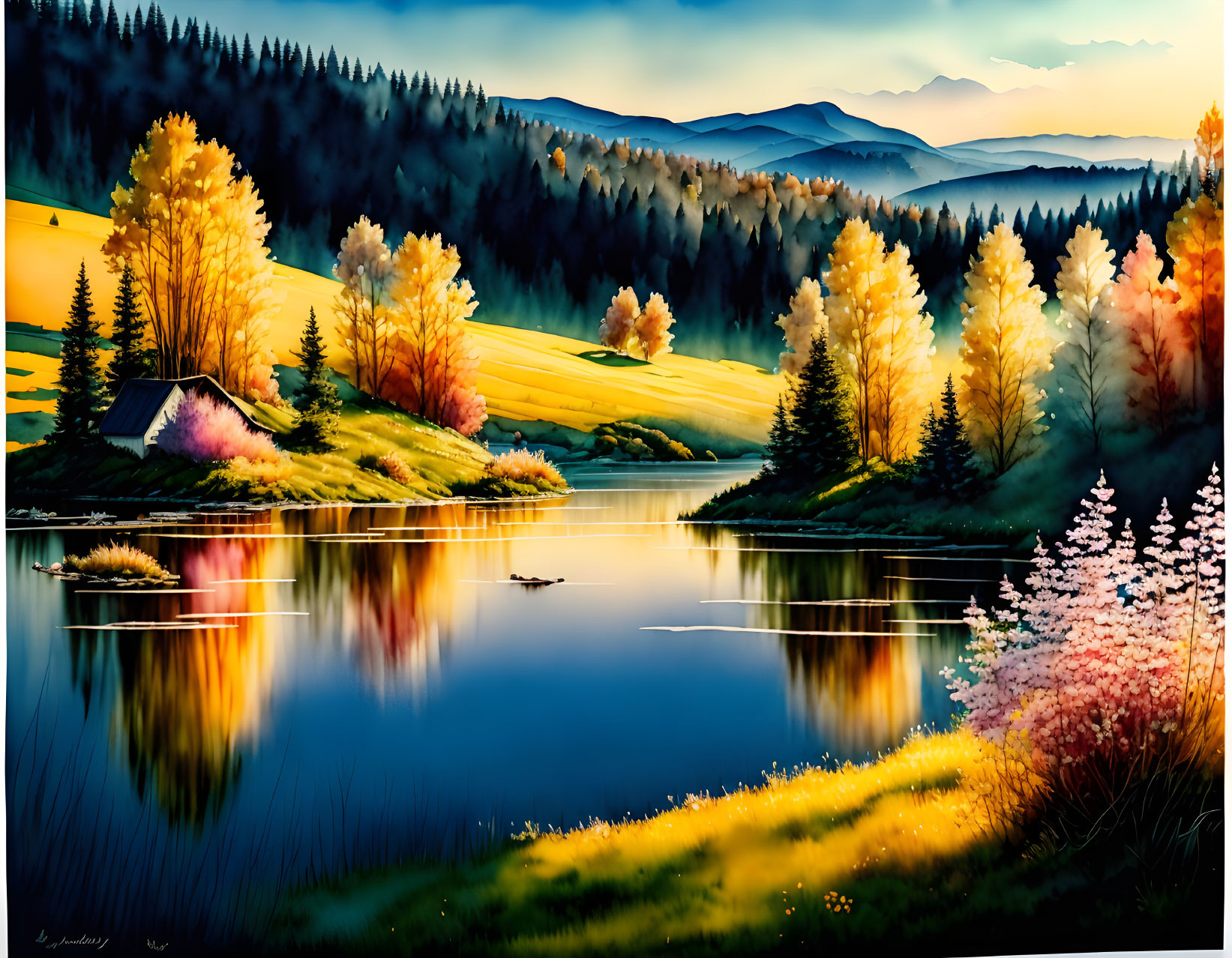 Colorful Autumn Landscape with Lake and Twilight Sky