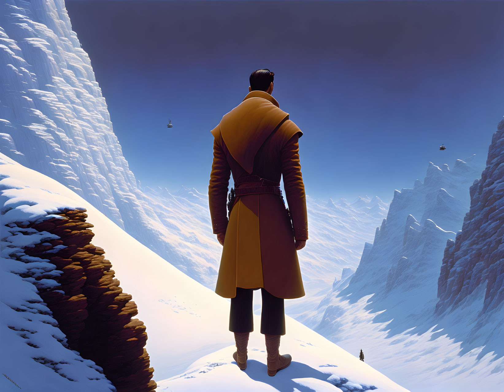 Yellow Cloaked Figure Observing Snowy Cliff Landscape