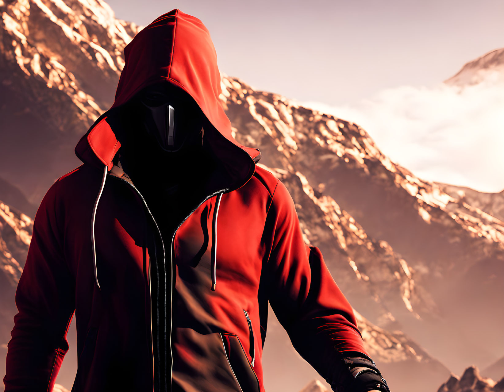 Person in Red Hoodie and Black Mask Against Majestic Mountain Backdrop