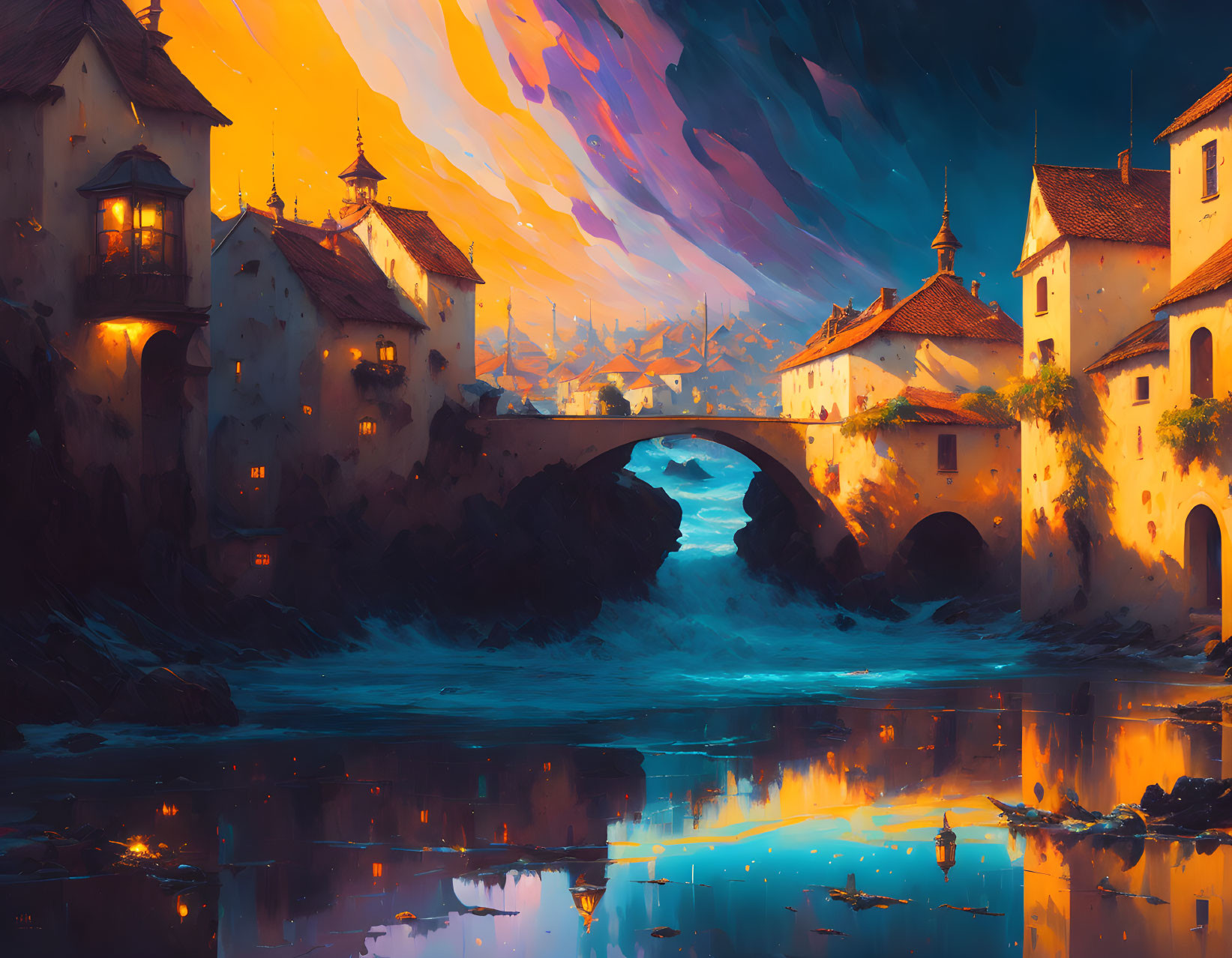 Scenic digital artwork: Old European town riverside sunset with colorful skies