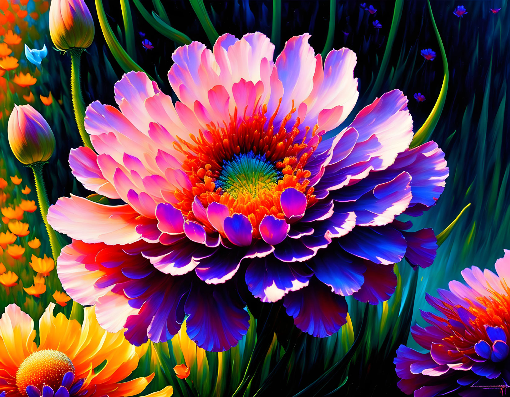 Colorful digital artwork featuring a large pink flower with intricate orange and blue center, surrounded by smaller blooms