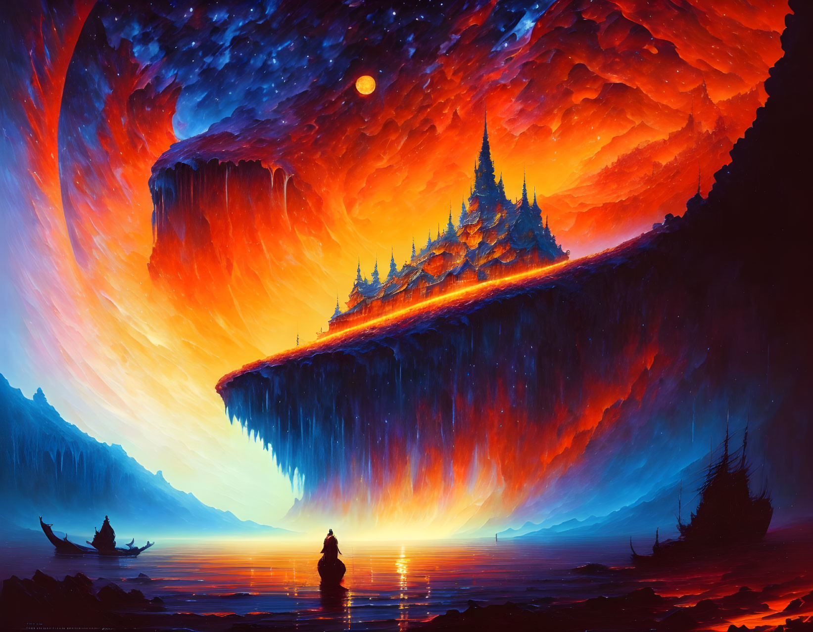 Fantastical landscape with floating island over serene lake and fiery sky.