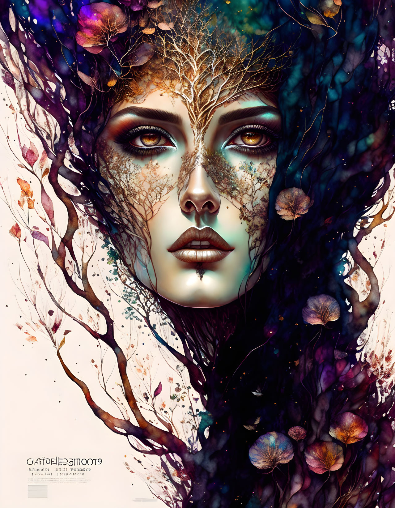 Fantastical female entity merging flora with human form in vibrant purples and browns