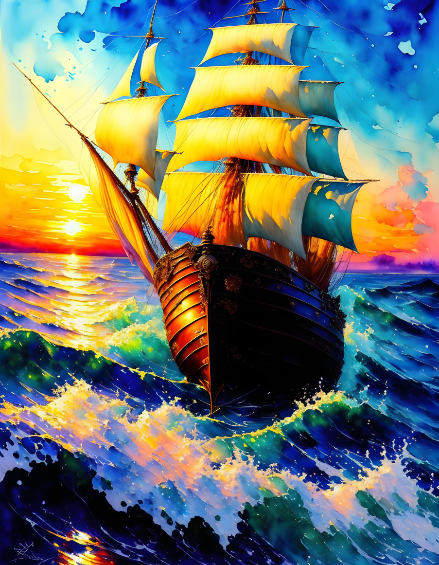 Sailing ship with full sails on high seas at sunset