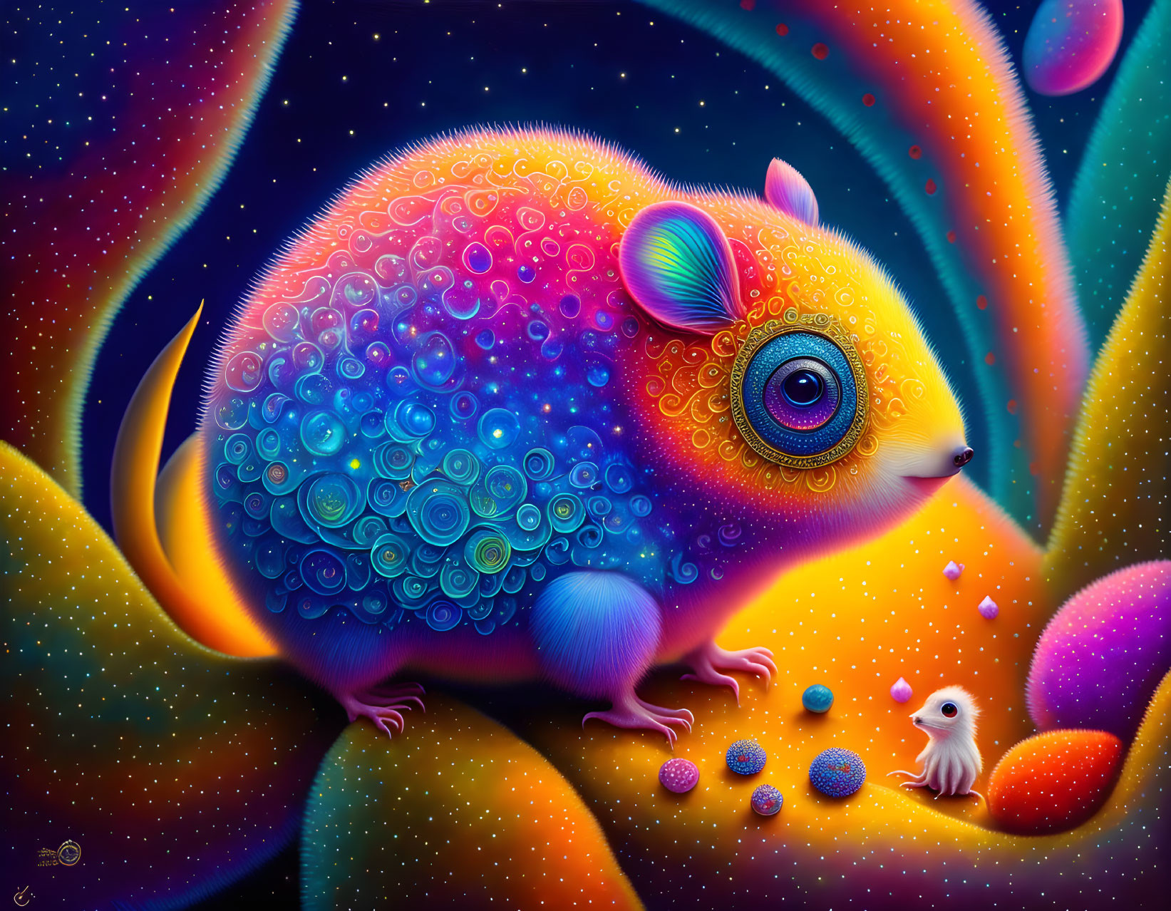 Colorful Whimsical Round Animal Illustration with Patterned Body