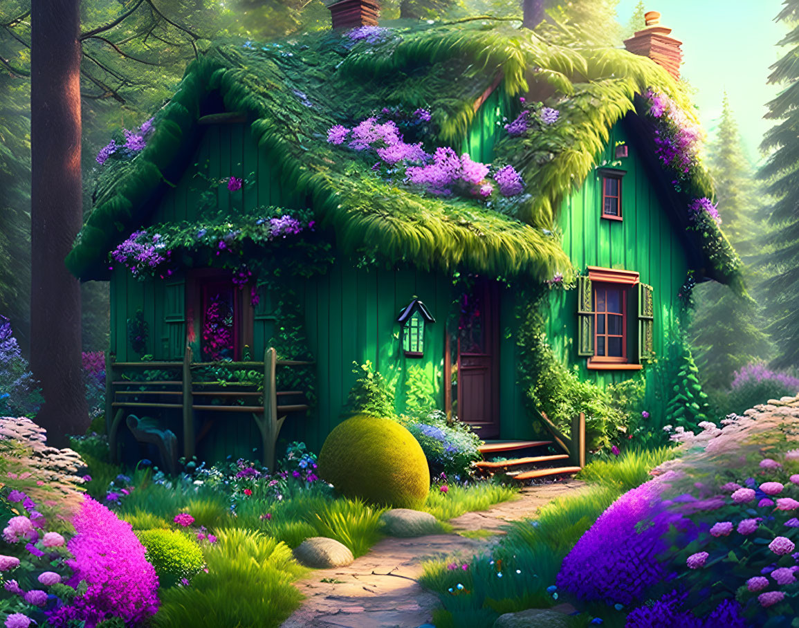 Green Cottage Surrounded by Foliage and Flowers in Vibrant Forest