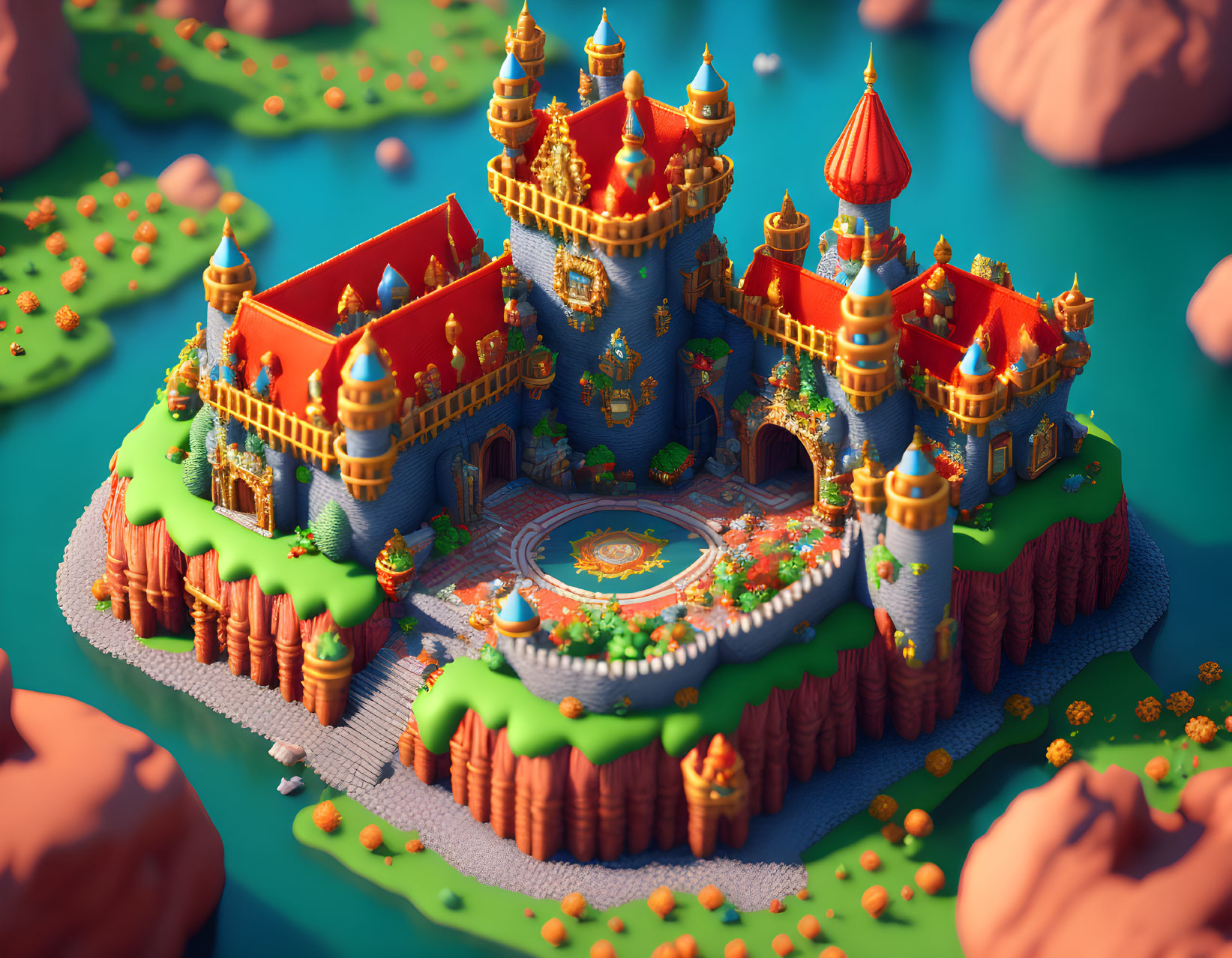 Colorful 3D fantasy castle on island with orange roofs and floating rocks.