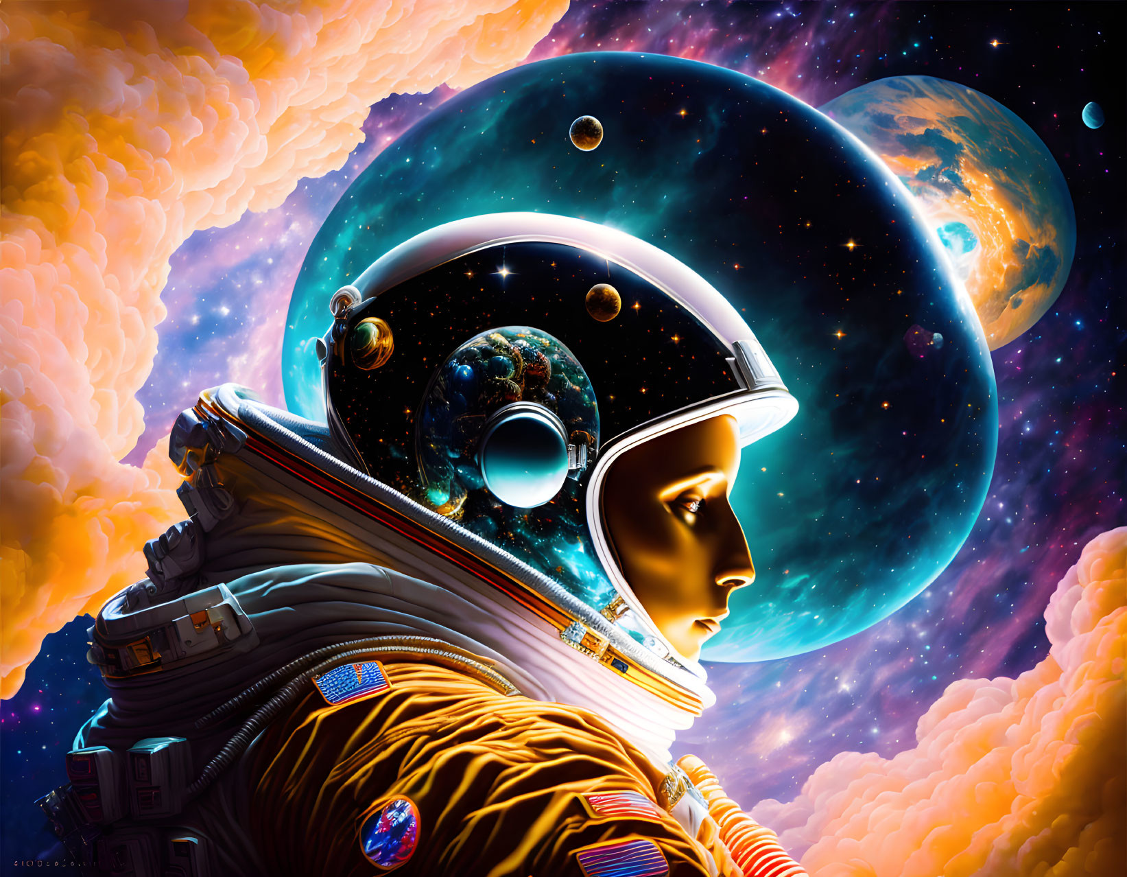 Colorful Astronaut with Earth Reflection in Visor Amidst Celestial Backdrop