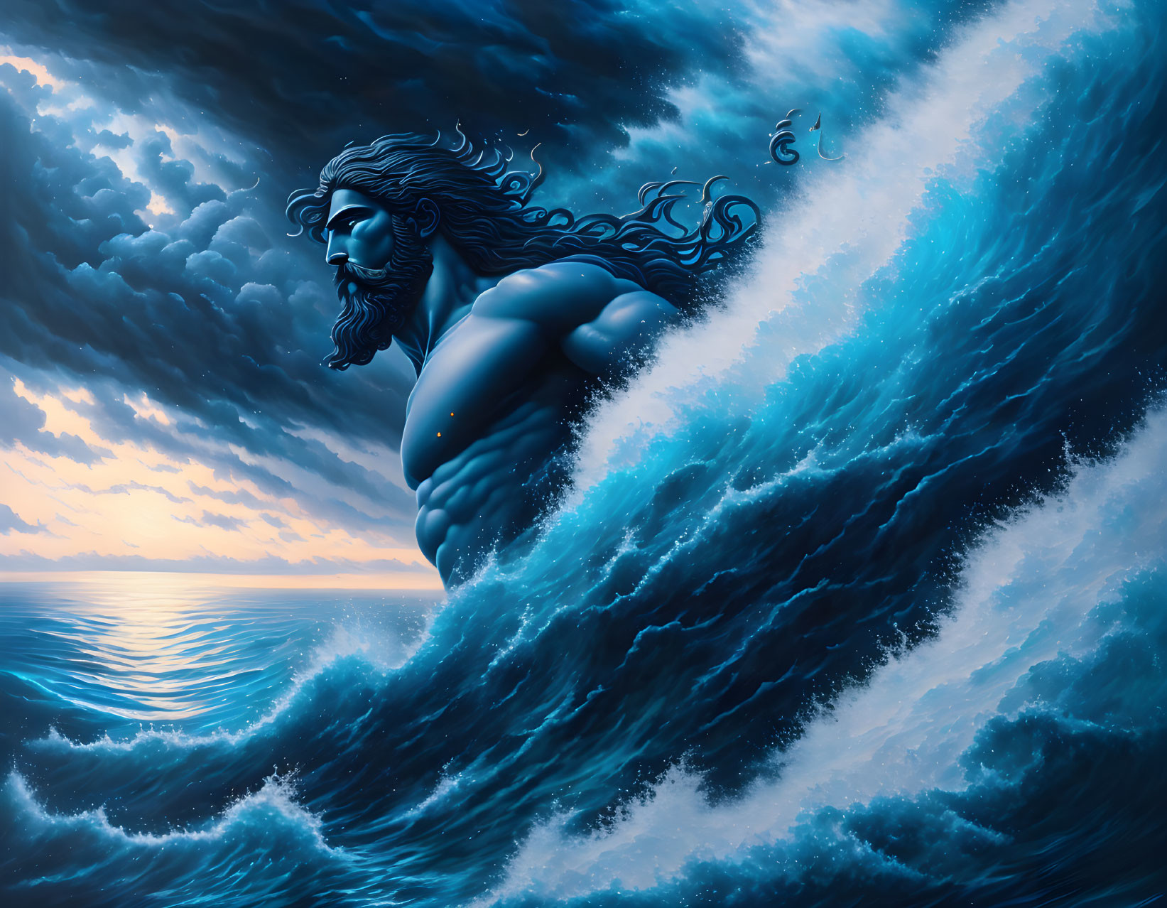 Bearded mythological figure rises from ocean waves at sunset