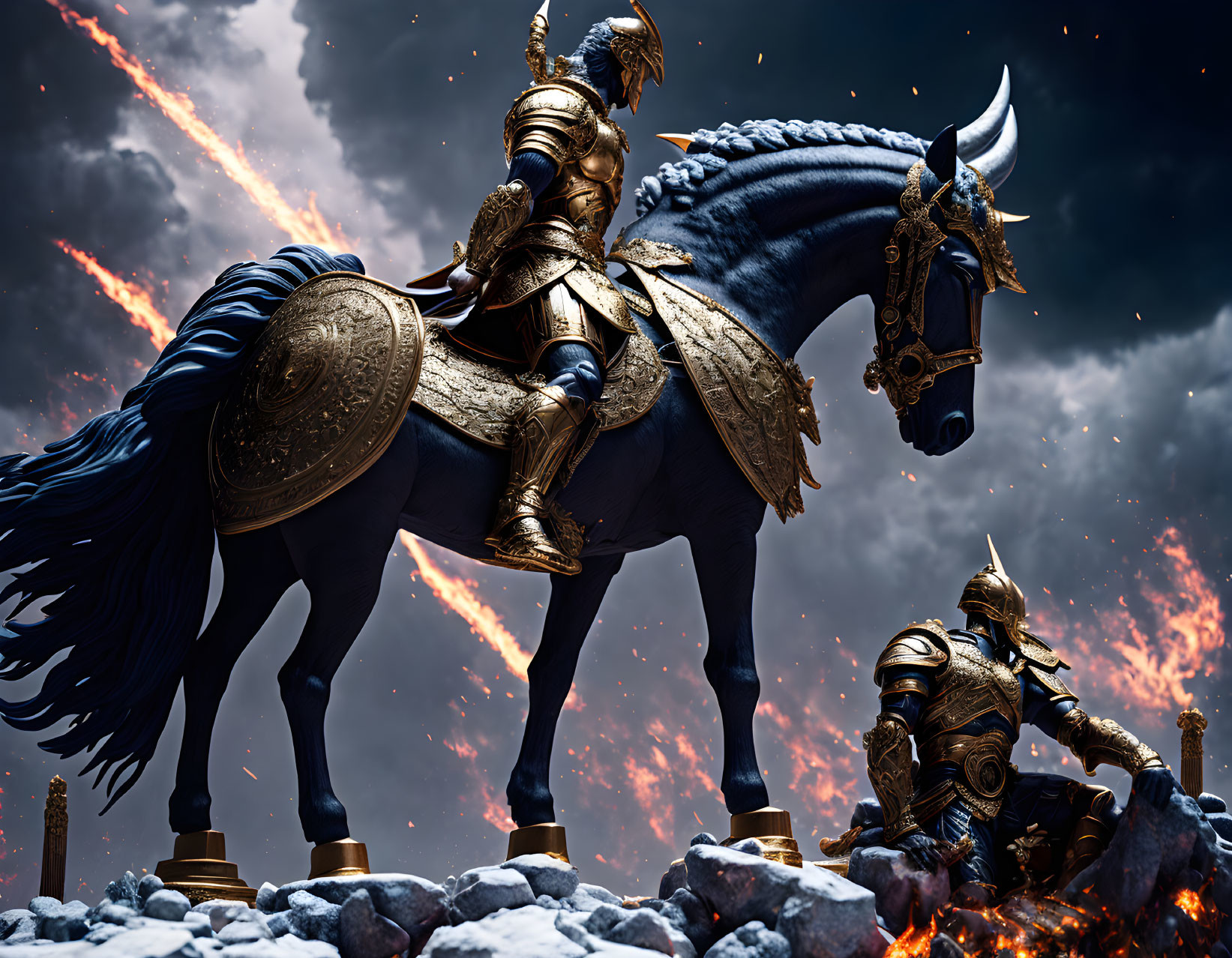 Armored knight on blue horse confronts another knight under meteorite-filled sky