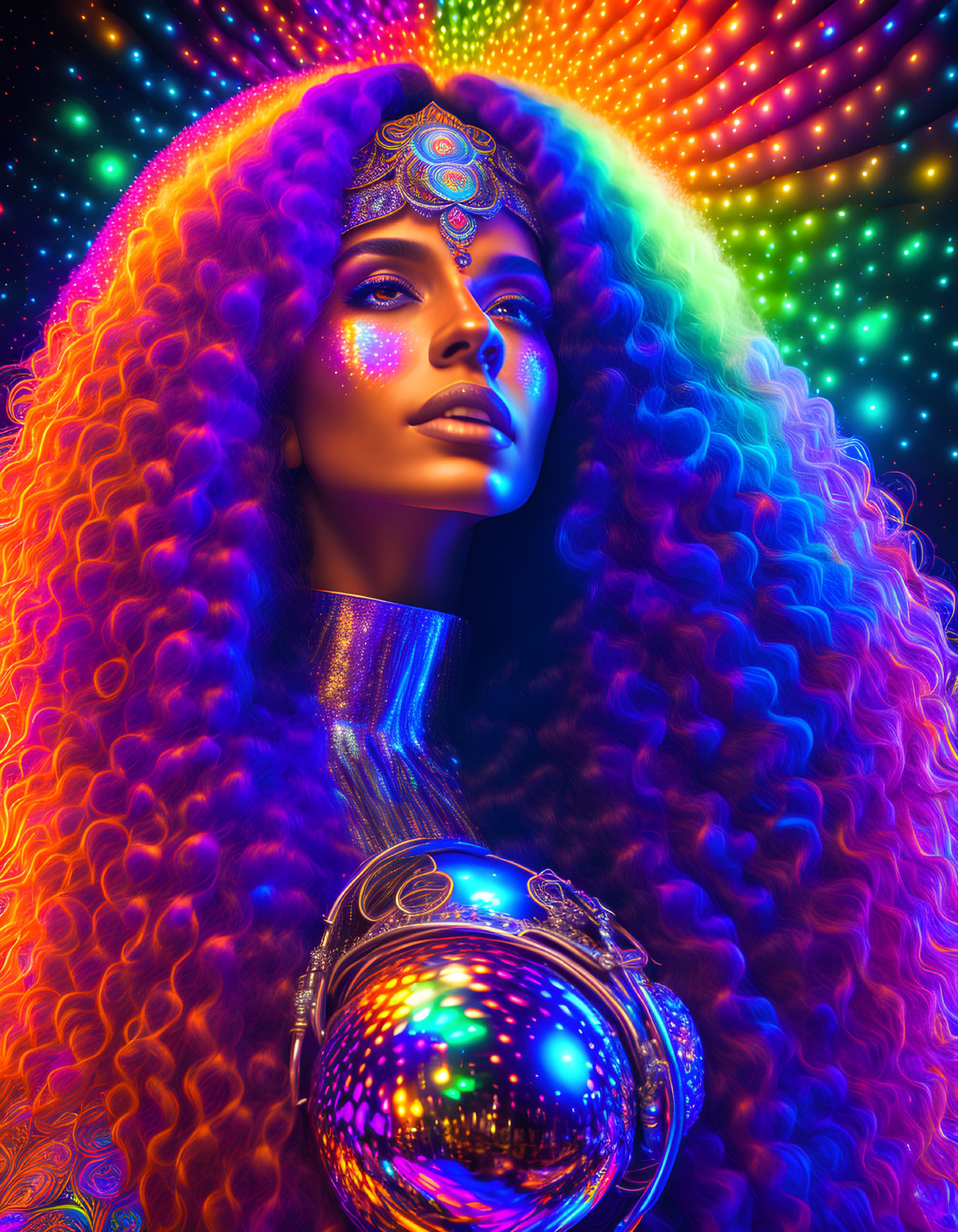 Colorful portrait: Woman with curly hair, glowing skin, and headpiece on cosmic backdrop